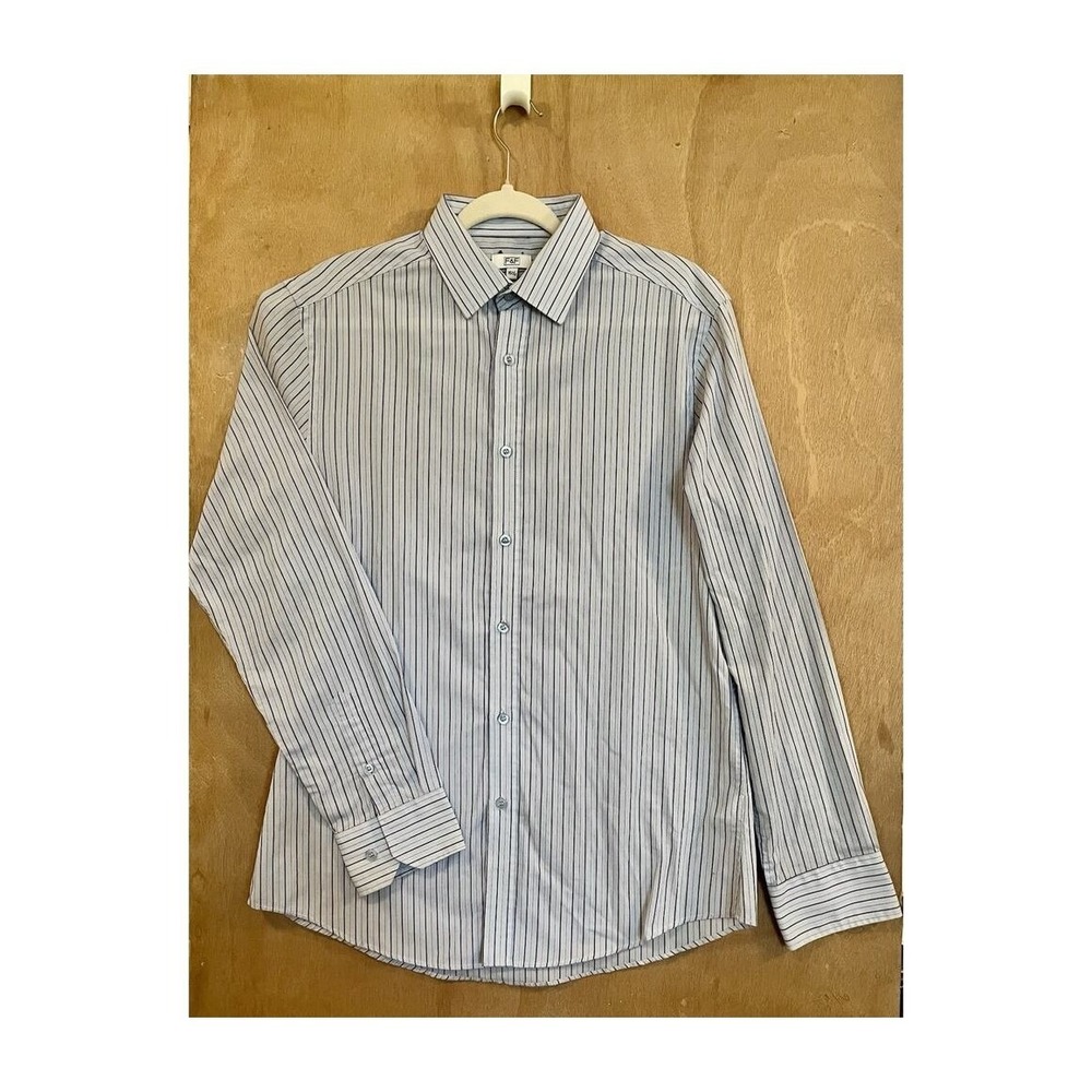 F&F Button Down Shirt Men's 15.5 Blue +Purple Striped Tailored Fit Long Sleeve